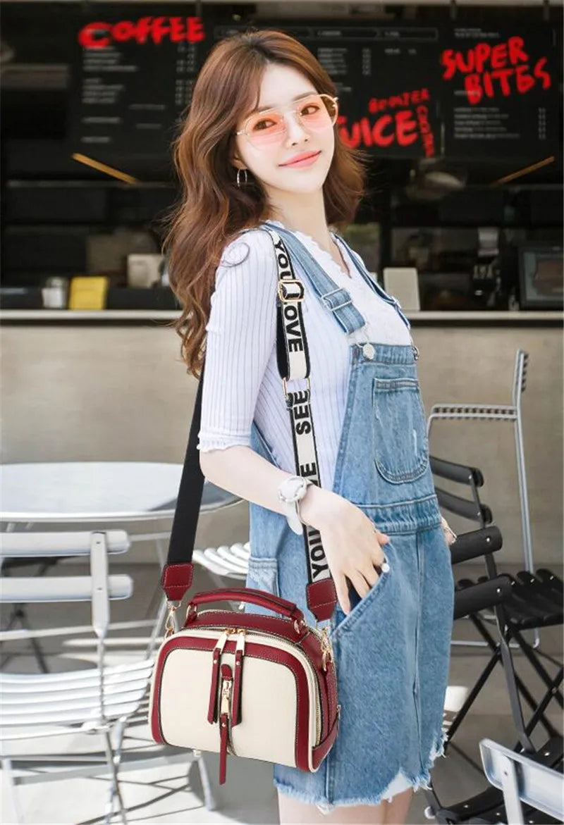 Fashion Hit Color Shoulder Bags for Women Female PU Leather Crossbody Messenger Bags Small Handbag Wide Strap Purse